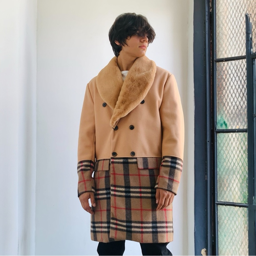 Men's Manzini Tan Solid Plaid Faux Fur Overcoat NWT